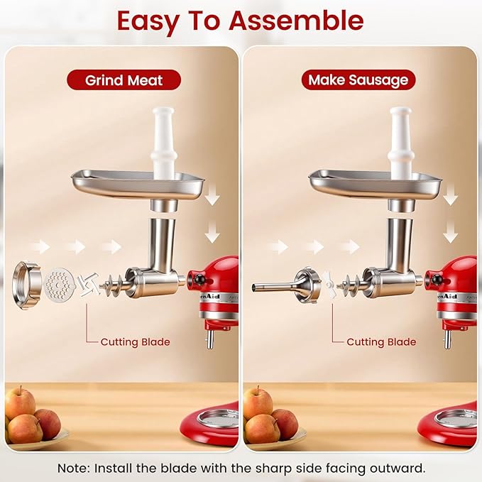 Stainless Steel Meat Grinder Attachment for KitchenAid Stand Mixer | Food Grade, Heavy Duty, No Clog, Dishwasher Safe, Sausage Stuffer & Burger Maker
