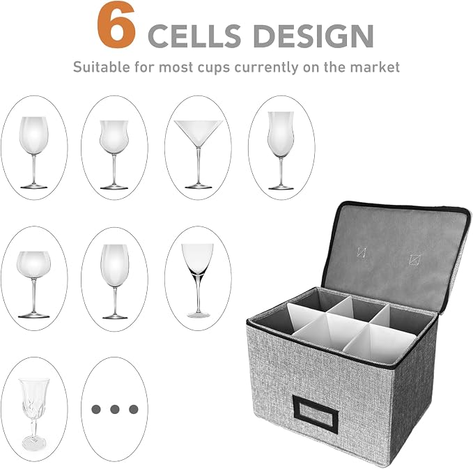 HURZMORO Wine Glass Storage Box with Dividers, Holds 6 Red or White Wine Glasses, Hard Top and Sides,6 Compartment Stemware Storage Container, Grey