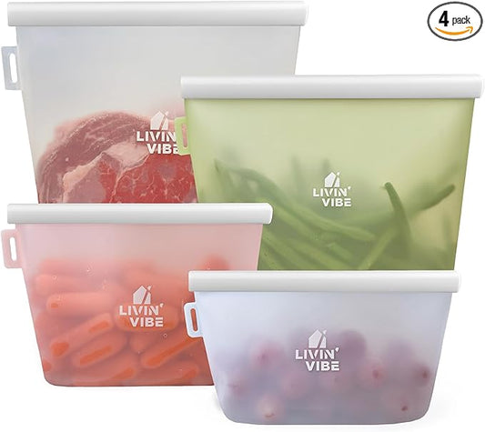 Reusable Silicone Food Storage Bags – Set of 4 Multicolor (500ml/17oz, 1000ml/34oz, 1500ml/51oz, 2000ml/68oz) – Leakproof, Freezer, Microwave, Oven & Dishwasher Safe, BPA-Free