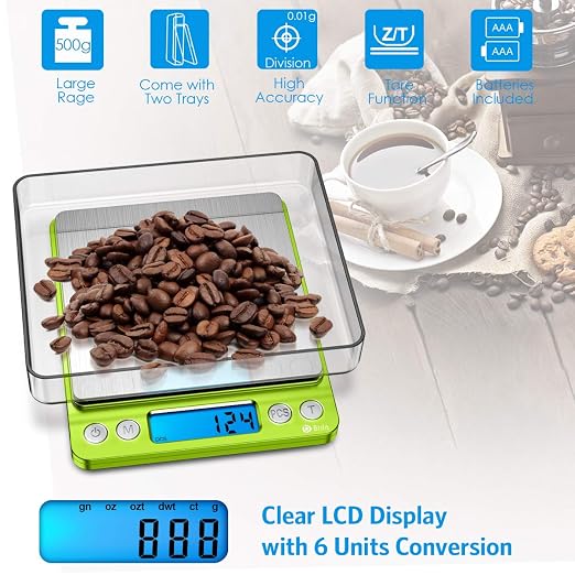 AMIR Digital Kitchen Scale, 500g-0.01g Mini Pocket Jewelry Scale, Cooking Food Scale with Backlit LCD Display, 2 Trays, 6 Units, Auto Off, Tare, Stainless Steel (Battery Included)