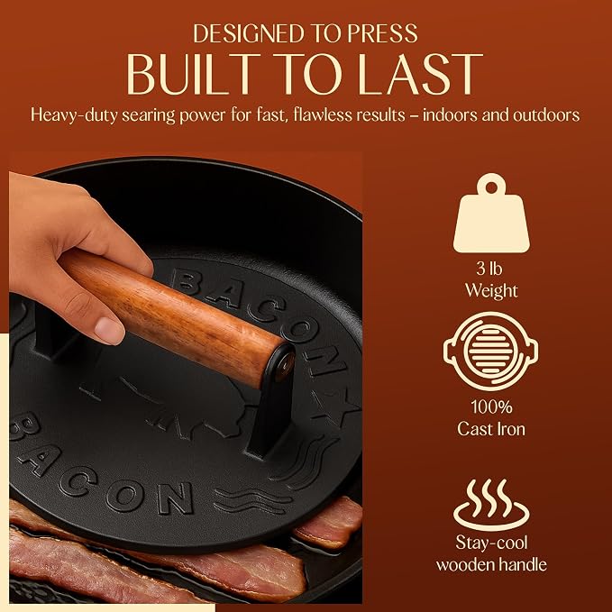 Bellemain Smash Burger Press, Grill Press, Bacon Press, Meat Press, 7 Inch | Food Grade Iron Cookware, Heavy Duty Cast Iron, 3Lbs, Equalizied Weight Distribution