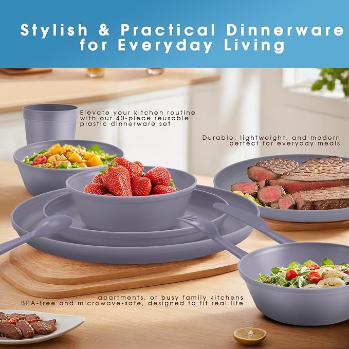 40 Piece Plastic Dinnerware Set for 8 with Cutlery, Unbreakable Plates and Bowls Set, Dishwasher & Microwave Safe Reusable Dish Set for Camping, RV, Outdoor Kitchen, Apartment Dining, Gray