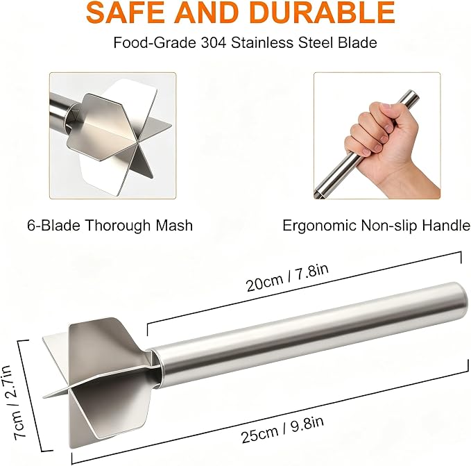 Meat Masher, Stainless Steel 6 Blade Ground Beef Chopper Tool | with Long Handle, Masher Shredder for Potato Hamburger Vegetable Puree, Dishwasher Safe