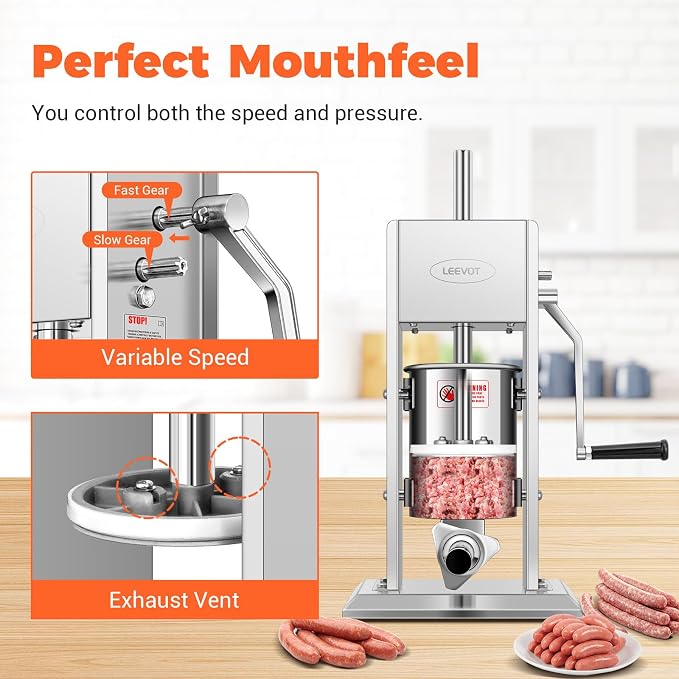 7LBS/3L Manual Sausage Stuffer, Professional Stainless Steel Sausages Maker & Filler Kit with 2 Speed, 5 Stuffing Tubes, Vertical Meat Stuffers for Home Kitchen, Commercial Use