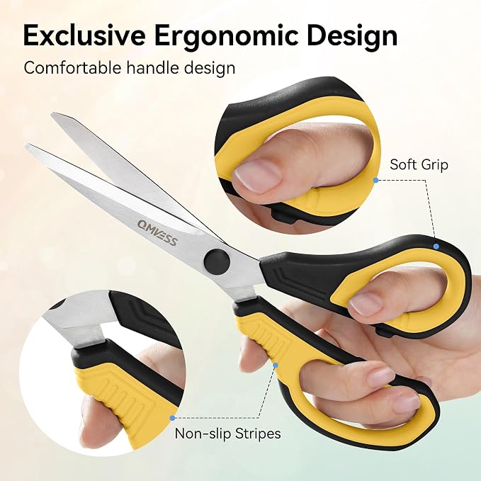 QMVESS 8.5" Scissors All Purpose 3 Pack Heavy Duty for Office School Fabric | Ultra Sharp 2.5mm Thick Stainless Blade, Ergonomic Comfort Grip, Left & Right Handed Classroom Must-Have Cutting General Use