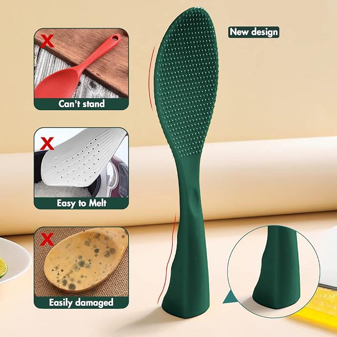 Silicone Standing Rice Spatula, Heat Resistant Rice Cooker Paddle, Serving Spoon (Rich Green)