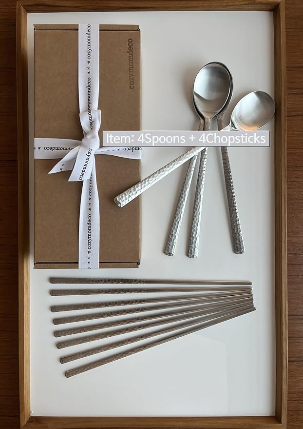 Korean Made Silver Glossy Hammered Stainless Steel Korean Spoon & Chopstick SET Gift for Mom Stocking Stuffer(4SET)