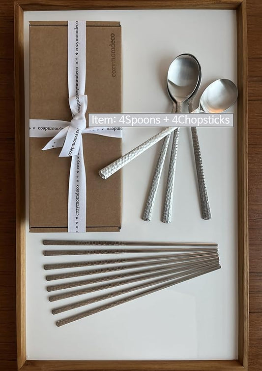 Korean Made Silver Glossy Hammered Stainless Steel Korean Spoon & Chopstick SET Gift for Mom Stocking Stuffer(4SET)