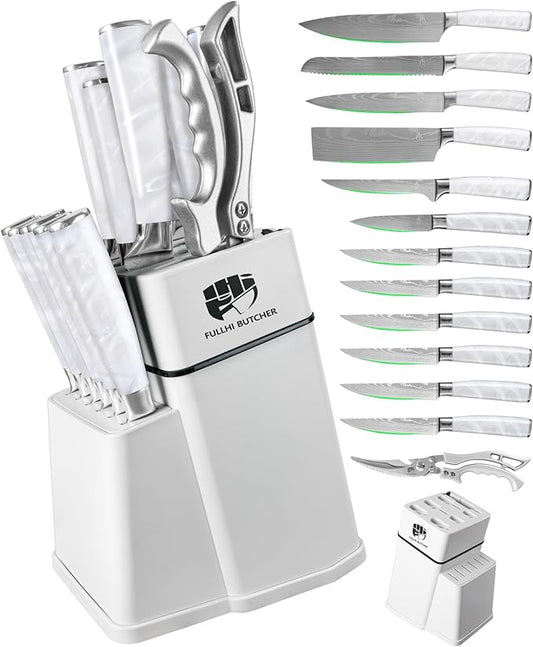 FULLHI 14pcs Block Knife Set, Chef's Knife Steak Knives Set with Block and Sharpener, Kitchen Knife Set, Multi-colour Handle, Gifts for Men Women