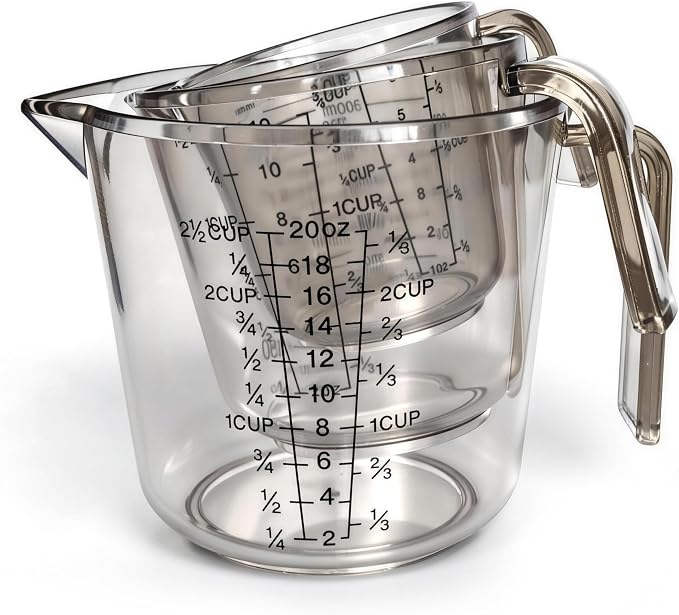 Measuring Cups Set, 3PCS with Pour Spout & Handle, Multi-Scale (cup | oz | ml) Stackable Liquid & Dry Plastic Measuring Tools for Baking Cooking, Essential Kitchen Gadgets (Coffee Brown)
