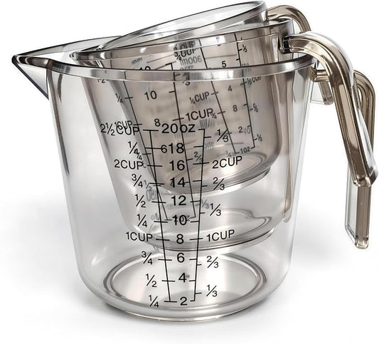 Measuring Cups Set, 3PCS with Pour Spout & Handle, Multi-Scale (cup | oz | ml) Stackable Liquid & Dry Plastic Measuring Tools for Baking Cooking, Essential Kitchen Gadgets (Coffee Brown)