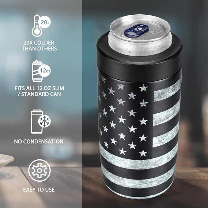 4-in-1 Slim Can Cooler Easy to Hold Insulated Beer Can Holder Double-Walled Stainless Steel for All 12 Oz Cans Black America Flag 2