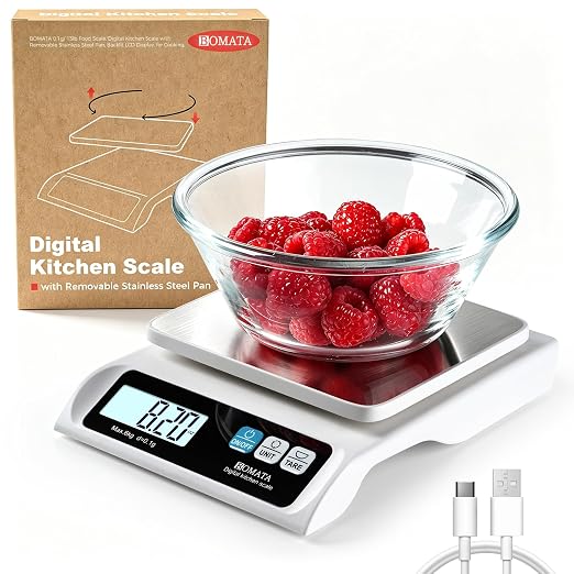 BOMATA 0.1g High Precision Food Scale, USB Rechargeable, 13lb Digital Kitchen Scale with Removable Stainless Steel Pan, Backlit LCD Display, for Cooking, Baking B621 White