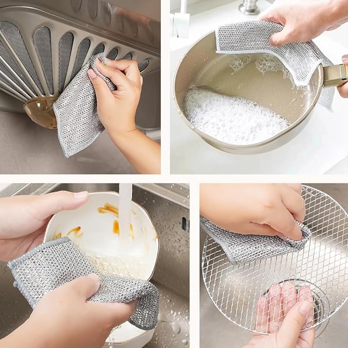 GLOCALL Multipurpose Wire Dishwashing Rags for Wet and Dry, 2024 New Non-Scratch Wire Dishcloth Scrubbing Wire Dishwashing Rag, Reusable Metal Wire Dishwashing Cloth for Home Kitchen Cooktop (10)