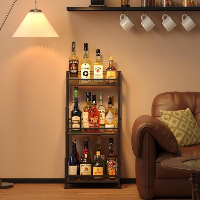 Trapezoid Liquor Stand, 3 Tier Liquor Cabinet, Wine Bottle Display Shelf for Home Bar, Mini Corner Liquor Bottle Display Stand for Whiskey, Wine, Stepped Wine Rack Freestanding Floor
