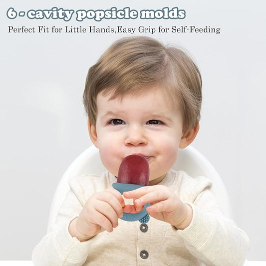 BokingOne Silicone Popsicle Molds, 6-Cavity Breastmilk Ice Pop Molds, Mini Frozen Pop Tray Molds for Baby Teething Relief Toddler Feeding Matte Blue