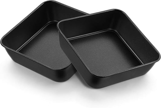 E-far 6 Inch Square Cake Pan Set of 2, Nonstick Small Baking Pan with Stainless Steel Core for Brownies Lasagna Cakes, Non-toxic & Easy Clean, 2 Inch Deep (Black)