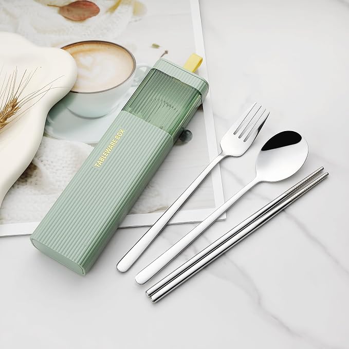 DEVICO Travel Utensils with Case, 4Pcs Korean Chopsticks Fork and Spoon Set | 18/8 Stainless Steel Portable Cutlery Set, Reusable Silverware for Lunch Box/Camping/Work/School, Dishwasher Safe, Green