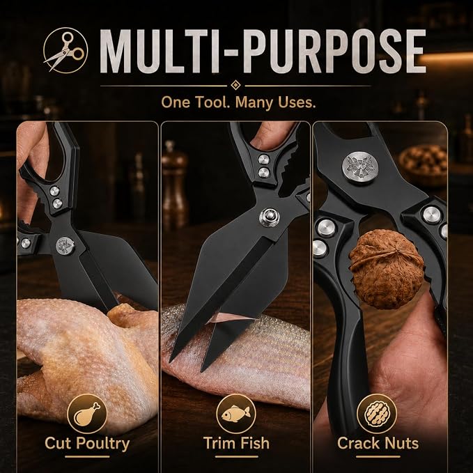 Multifunctional Heavy-Duty Kitchen Shears,Kitchen Shears for Cutting Chicken,Kitchen Scissors for Food,Japanese High-Carbon Steel Culinary Shears,for Chicken,Bone Cutting,Chris tmas Gifts (Pure Black)