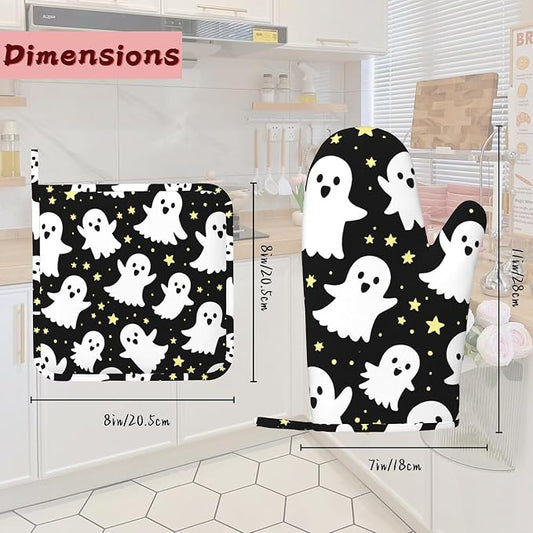 Halloween Ghosts Heat-Resistant Silicone Oven Mitts and Pot Holders,Long Oven Gloves with Non-Slip Grip for Cooking, Baking, Grilling,BBQ