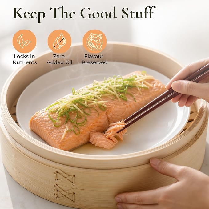 Bamboo Steamer Basket 12-Inch, 2-Tier Dumpling Steamer Cooking | ncl. Silicone Liners, Sauce Dish, Chopsticks - Small Steam Baskets - Food, Dim Sum, Bao Bun, Momo, Rice, Vegetables