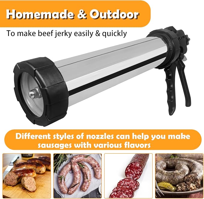 2 LB Stainless Steel Sausage Stuffer Kits,Beef Jerky Gun,Jerky Gun,Sausage Gun,Meat Gun for Ground Meat with 5 Nozzles,5 Cleaning Brushes and 1 Meat Pusher
