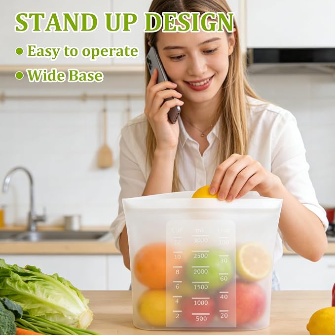 ASelected 4PCS Silicone Bags for Food Storage, 0.8 Gallon/3000ml Stand Up Reusable Freezer Ziploc Bags, Translucent Reusable Sandwich Snack Bag for Freezer, Microwave, Oven, Dishwasher