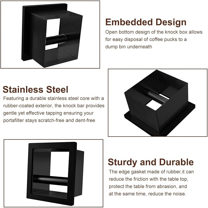 Bottomless Knock Box Espresso, Embedded Coffee Knock Box, Stainless Steel Countertop Espresso Grounds Container for Commercial Cafes Restaurants Home, 5.44 x 5.91” (Black)