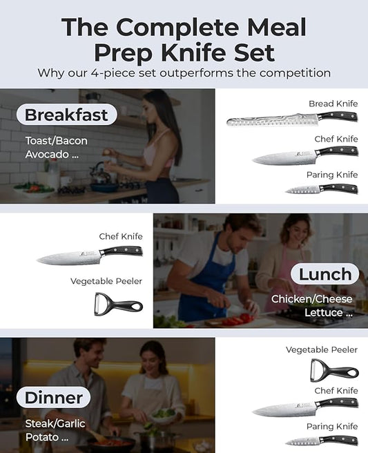 Essential 4-Piece Kitchen Knife Set,Sharp German Steel Knives Sets(Chef's Knife, Paring Knife, Bread Knife + Peeler) for Home Cooking BBQ,Gift Box included