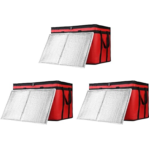 Insulated Food Delivery Bag with Hard Bottom, XXX-Large Insulated Reusable Grocery Cooler/Hot Bags, Tote Bag for Shopping/Travel, Red, 3-Pack