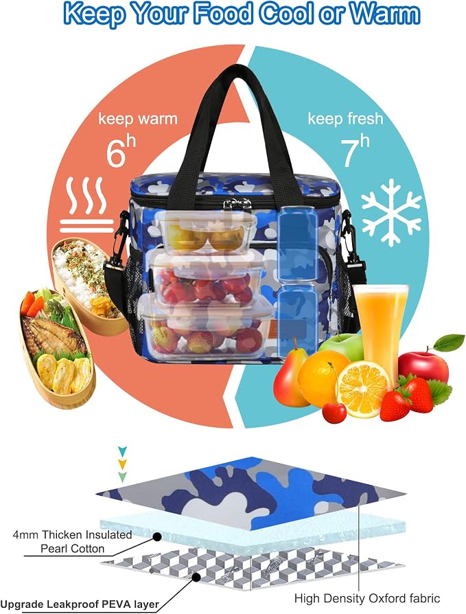 Lunch Bags for Women/Men, Insulated Lunch Bag for Work Office - Lunch Cooler Bag Leakproof Lunch Box with Adjustable Shoulder Strap - Blue Camouflage