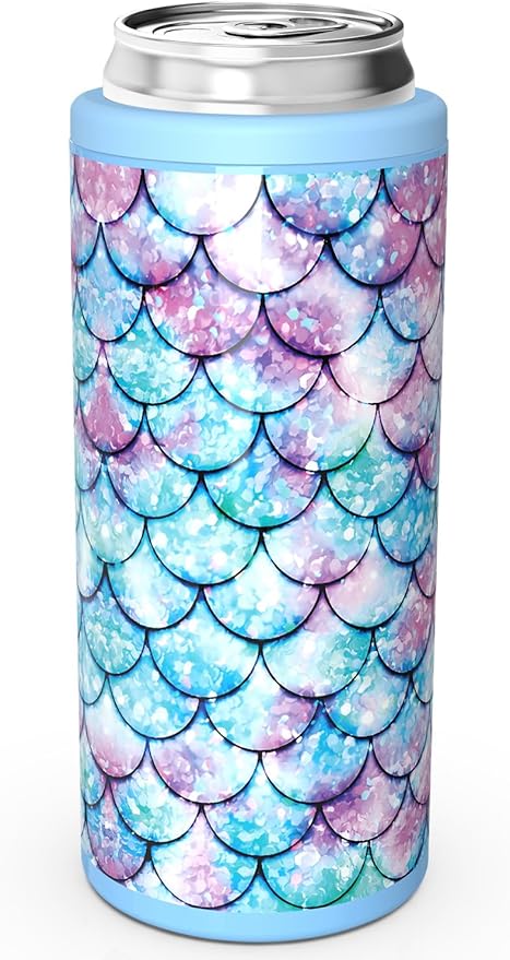 TILUCK Skinny Can Cooler, Stainless Steel Insulated Slim Cans, 12 oz | Beer & Hard Seltzer, Doucle-Walled Stainless Steel Insulated Slim Cans, Slim 12 oz(Fish Scales)