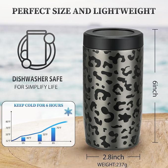 MAXSO Slim Can Cooler, 4-in-1 Double Walled Stainless Steel Insulated Beer Can Holder, Works With All 12 Oz Cans,Bottles & As A Pint Cups - Black Leopard