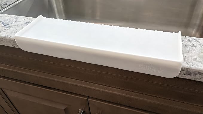 SiliProducts SiliSink Silicone Sink Edge Guard for Kitchen Sink - Fits 3.75” - 4” Wide - The Original Silicone Edge Protector with Sponge Caddy, 14” White