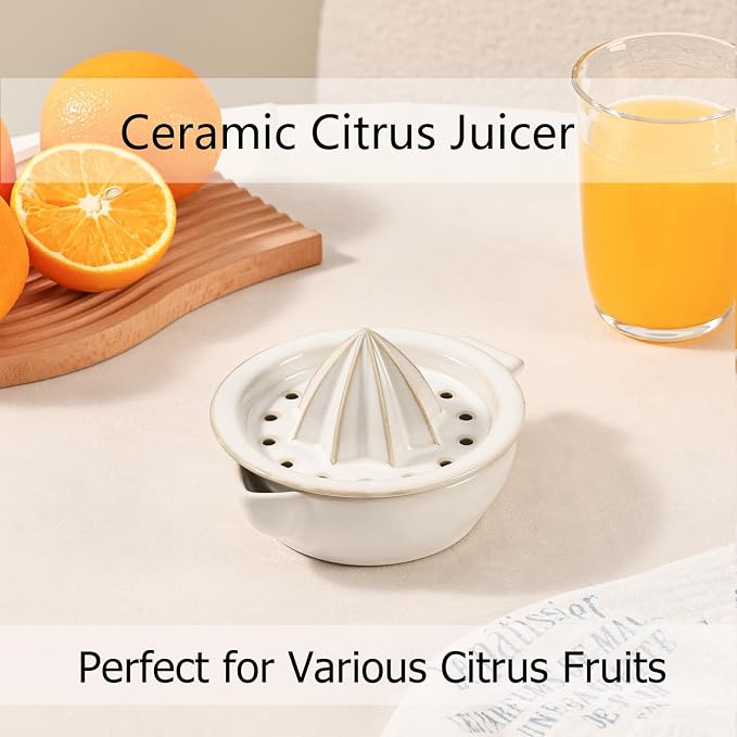 Ceramic Citrus Lemon Orange Juicer Manual Squeezer, Hand Juicer Reamer | Rotation Press with Strainer Lid, Spout, Handle, Dishwasher Safe, Easy to Clean