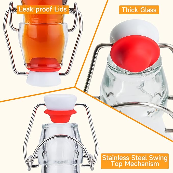 WILLDAN Set of 6-8.5oz Swing Top Glass Bottles - Flip Top Brewing Bottles For Kombucha, Kefir, Vanilla Extract, Beer - Airtight Caps and Leak Proof Lids, Bonus Gaskets and Funnel