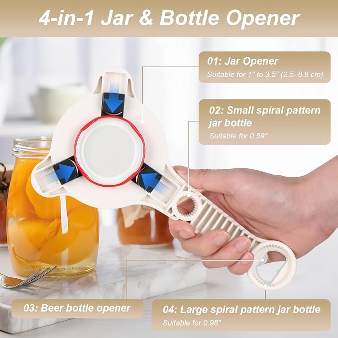 2026 Upgraded 4-in-1 Jar Opener for Seniors Adjustable | Stainless Steel Lid Opener with Handle, Includes Hook & storage bag , Can Opener for Arthritis and Weak Hands