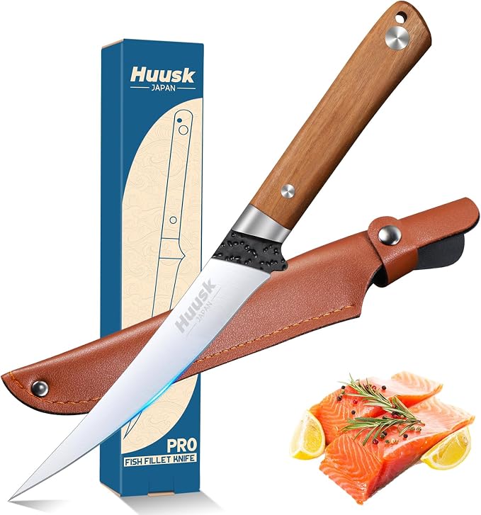 Huusk 6 inch Fillet Knife - Sharp Japanese Fillet Knife for Fish | Wooden Handle, Professional Flexible Boning Knives, Gift Box, for Meat Cutting and Trimming