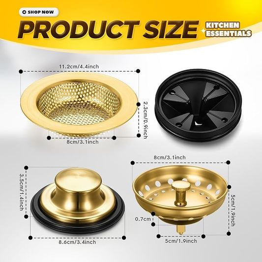 4 Pcs Brushed Gold Kitchen Sink Accessories Garbage Disposal Splash Guards 3.4'' Sink Drain Strainer and Stopper Stainless Steel Garbage Disposal Plug for Kitchen Drain Strainer