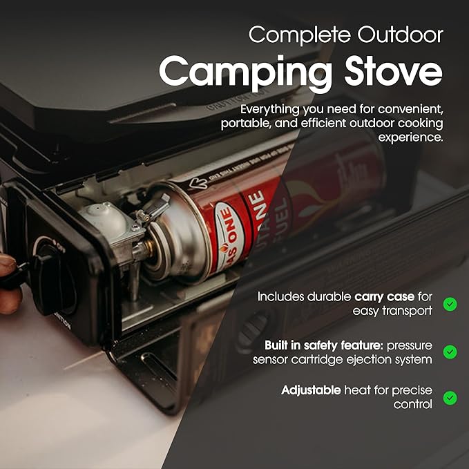 GasOne 10,000 BTU Dual Fuel Camp Stove – Butane and Propane Burner Portable Stove Camping Grill with Adjustable Heat Dial, Carry Case, Automatic Electric Ignition – Safe and Durable Construction