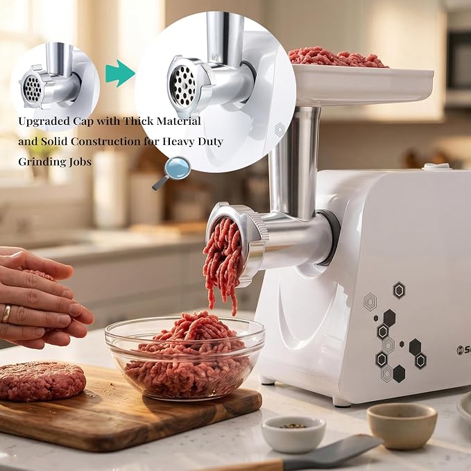 Sunmile Electric Meat Grinder and Sausage Maker - 1HP 1000W Max - Stainless Steel Cutting Blade and 3 Grinding Plates,1 Big Sausage Staff Maker, White