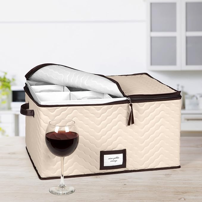 Wine Glass Storage Box with Dividers, Holds 12 Glasses up to 4.25" Wide | Stemware Storage Case, Protects Fine China, Durable Quilted Microfiber, Carry Handles, Ideal for Red Wine Glass