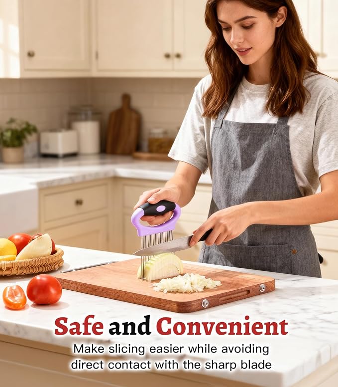 Large Onion Holder for Slicing, Stainless Steel Onion Slicer Holder with Protect Cover, Onion Cutter Vegetable Chopper for Slicing of Tomato Avocados, Cool Kitchen Gadgets