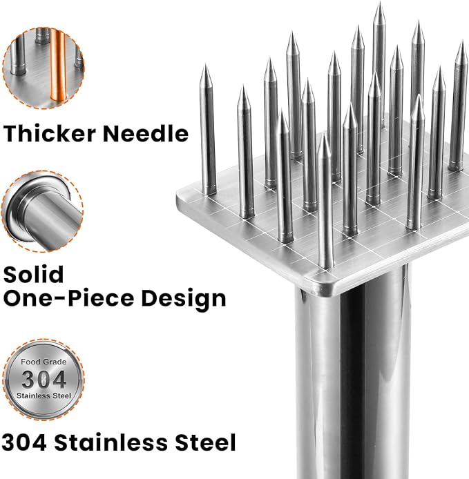 304 Stainless Steel Meat Tenderizer Tool, Sharp Long Needles for Thick Cuts | Square 18-needle head reaches deep into meat for faster marinating, Dishwasher safe, Cover included