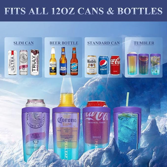 Pealeap 4-in-1 Insulated Slim Can Cooler for All 12oz Cans & Beer Bottles | Double-walled Stainless Steel Vacuum Can Cozy | Keep 8Hrs Cold | Universal Fits 12oz Drinks | No Sweat | Cup Holder Friendly