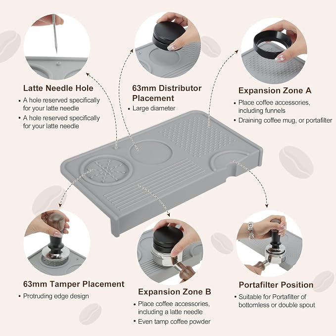 VOCOSTE Espresso Tamping Mat, Non-Slip, Protect Countertop, Gray | Large Surface for Consistent Tamping, Silicone Protects Counters From Dents, Stays Put During Use, Tamper Mat for Barista
