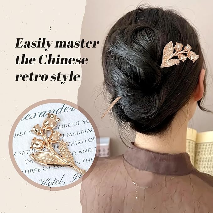 Lawie 10 Pack Gold Hair Sticks Flower Leaf Decorative Metal Long Hair Pins Bun Holders Chopsticks for Hair Chinese Hanfu Costume Retro Vintage Fancy Headpieces Accessories for Women Girls