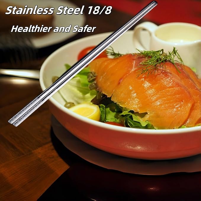 5 Pair Metal Chopsticks Reusable 18/8 Stainless Steel Chopsticks Set Non-slip Chinese Chopstick for Cooking Eating Dishwasher Safe 9.25" Chop Sticks Gift Set