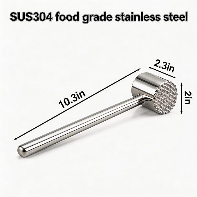 Stainless Steel Meat Tenderizer 18/8 Food Grade Kitchen Mallet Steak Pounder Flatterner for Beef and Poultry - Commercial Quality 100% Dishwasher Safe