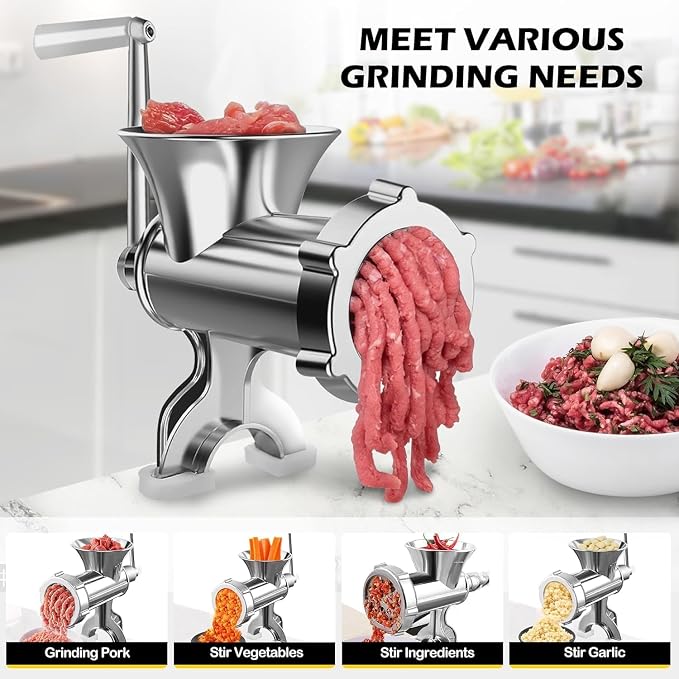 2-in-1 Manual Meat Grinder-Manual Meat Grinder with Sausage Stuffer-Suitable for Filling Meat Sausages and Grinding Foods-Suitable for Home Restaurants Meat Grinder-LZ1 (Silver)